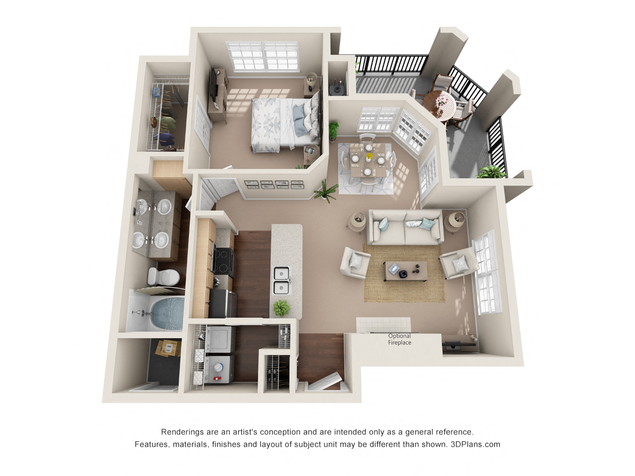 Floor plan for 1 bed, 1 bath, 844 sqft